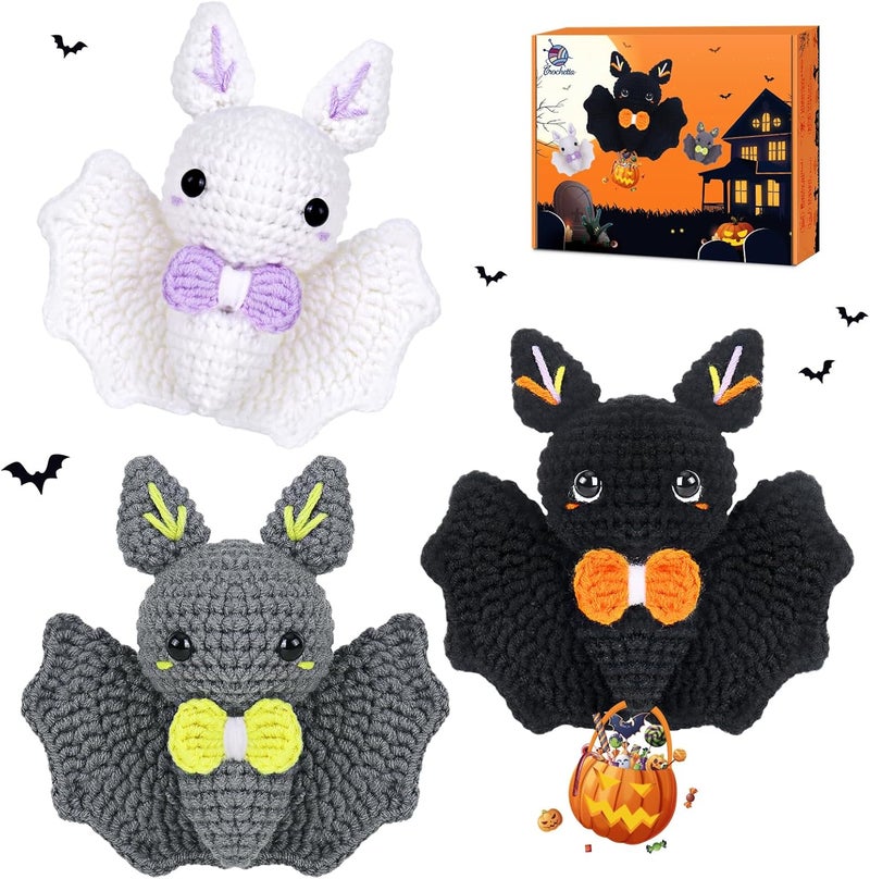 Crochetta Crochet Kit for Beginners, Beginner Crochet Kit for Adults with Step-by-Step Video Tutorials, Halloween Gifts DIY Crochet Animal Kits Knitting Supplies, 3 Pack Bat (40%+ Yarn) - Image 1